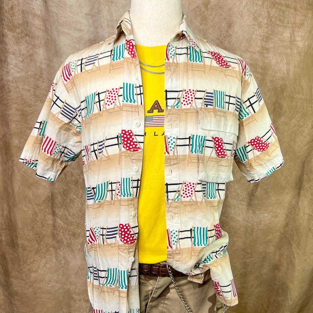 Vintage 90s Pattern Button Up Shirt Beach Chair Multicolor Short Sleeve Summer